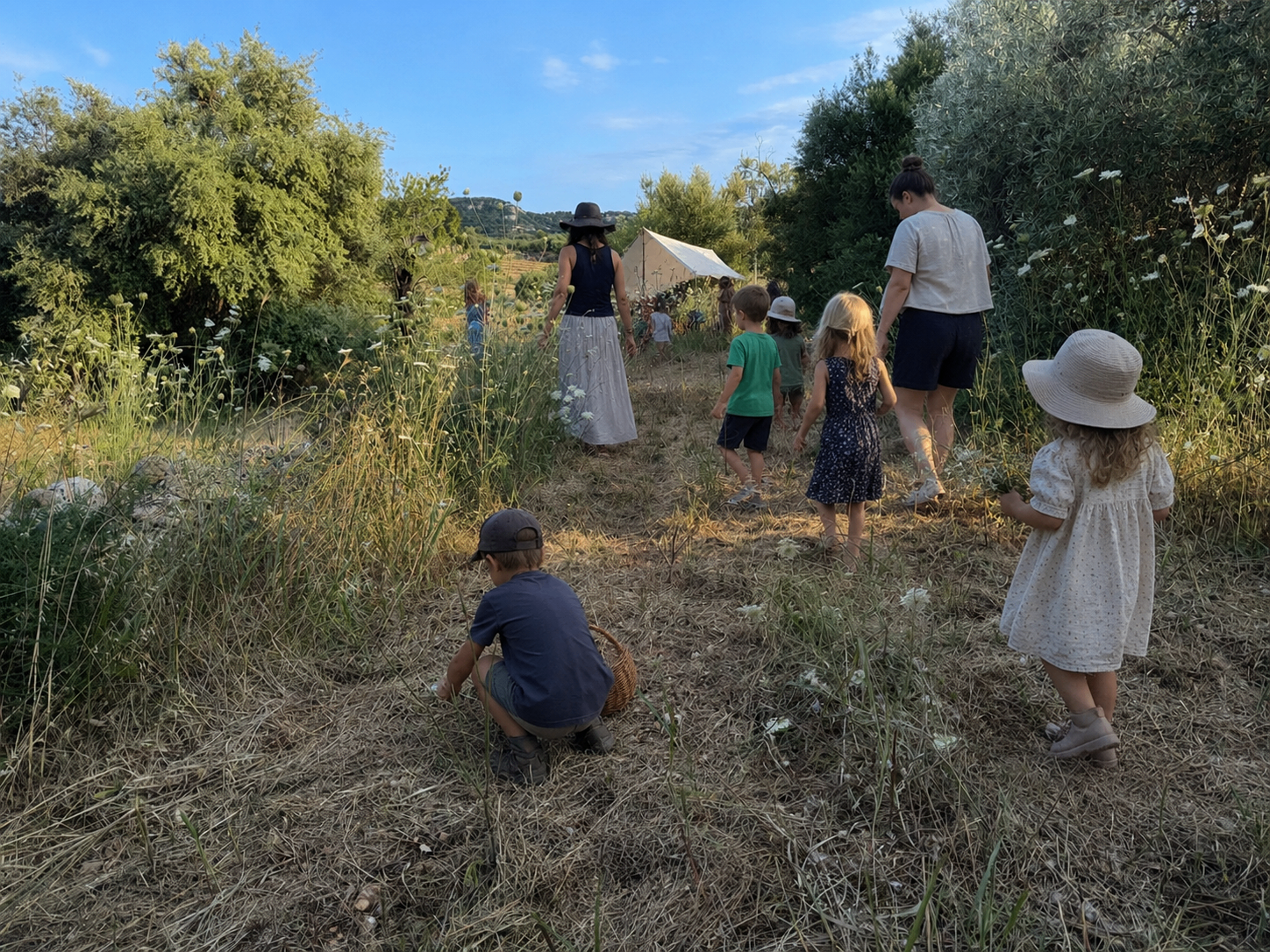 Families walking through the wild grasses at Terra Vianova